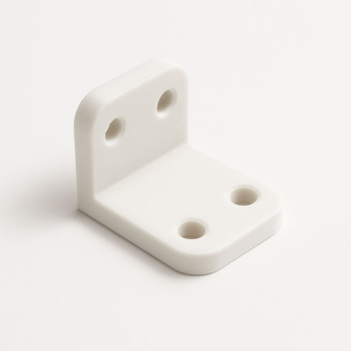 White 3D printed ABS L-shaped bracket with four mounting holes on a clean background, highlighting toughness and heat resistance of ABS filament for engineering components and end-use parts.