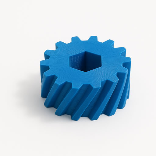 Blue 3D printed PETG gear with hexagonal center hole displayed on a white background, demonstrating durability, strength, and moisture resistance ideal for mechanical parts and functional prototypes.