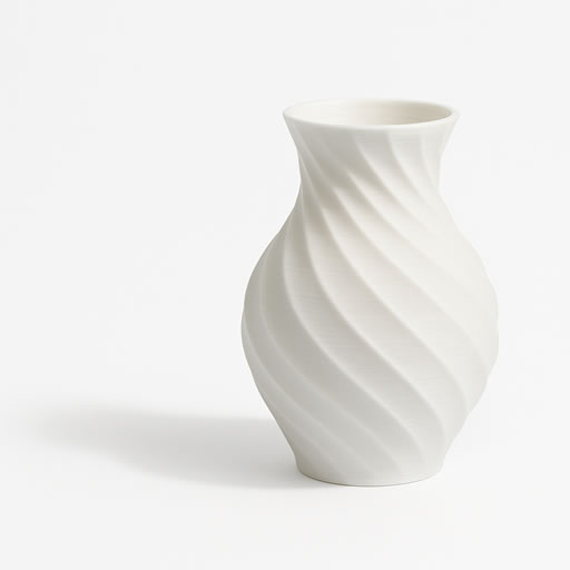White 3D printed spiral vase made with PLA filament on a bright white background, showcasing smooth surface finish and biodegradable eco-friendly material commonly used for prototypes and decorative prints in Mangalore.